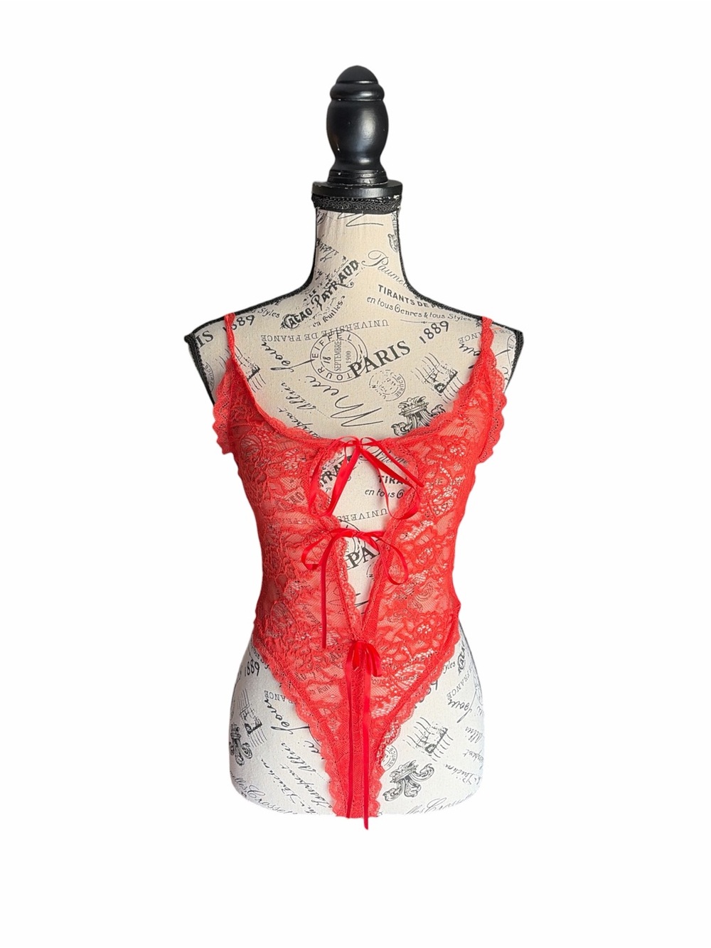 Edikted Lace Tie Front Teddy Bodysuit Coquette Red NWT Small Lingerie Romantic